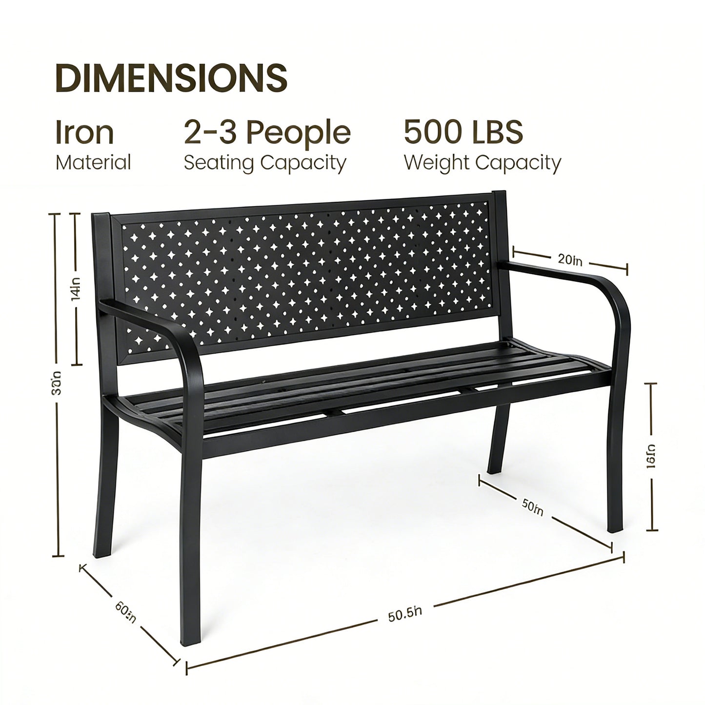 50 ft Patio Metal Garden Bench, Park Bench