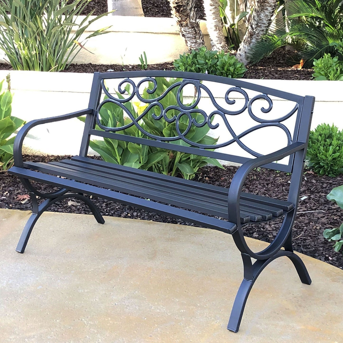 Steel Garden Bench with Graceful Scrollwork Design