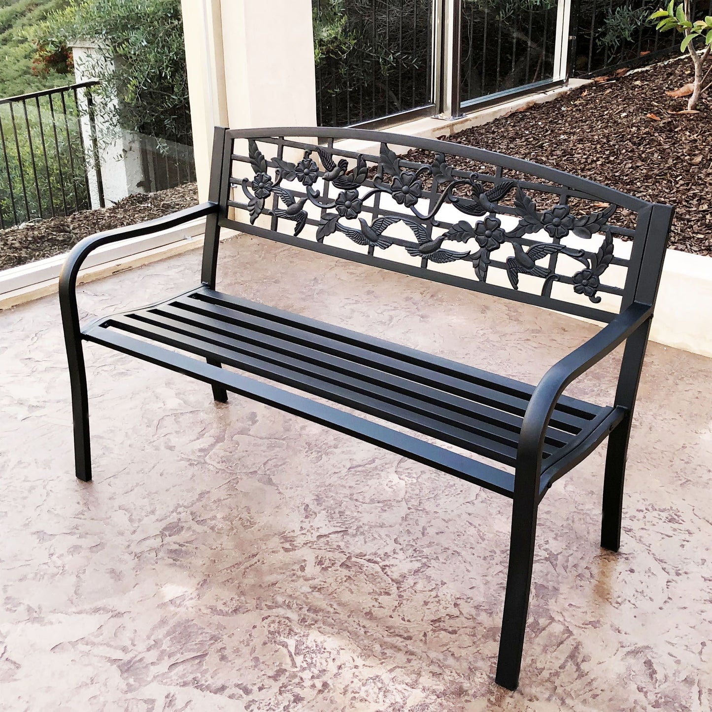 Steel Garden Bench With Birds and Flower Design