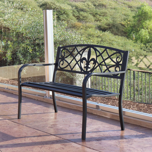 Steel Garden Bench with Fleur-de-Lis Design
