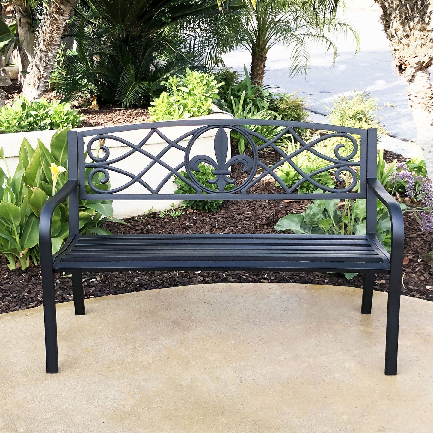 Steel Garden Bench with Fleur-de-Lis Design