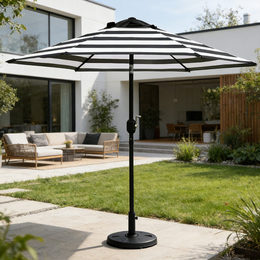 9 Ft Black and White Stripe Patio Umbrella with Crank and Steel Frame