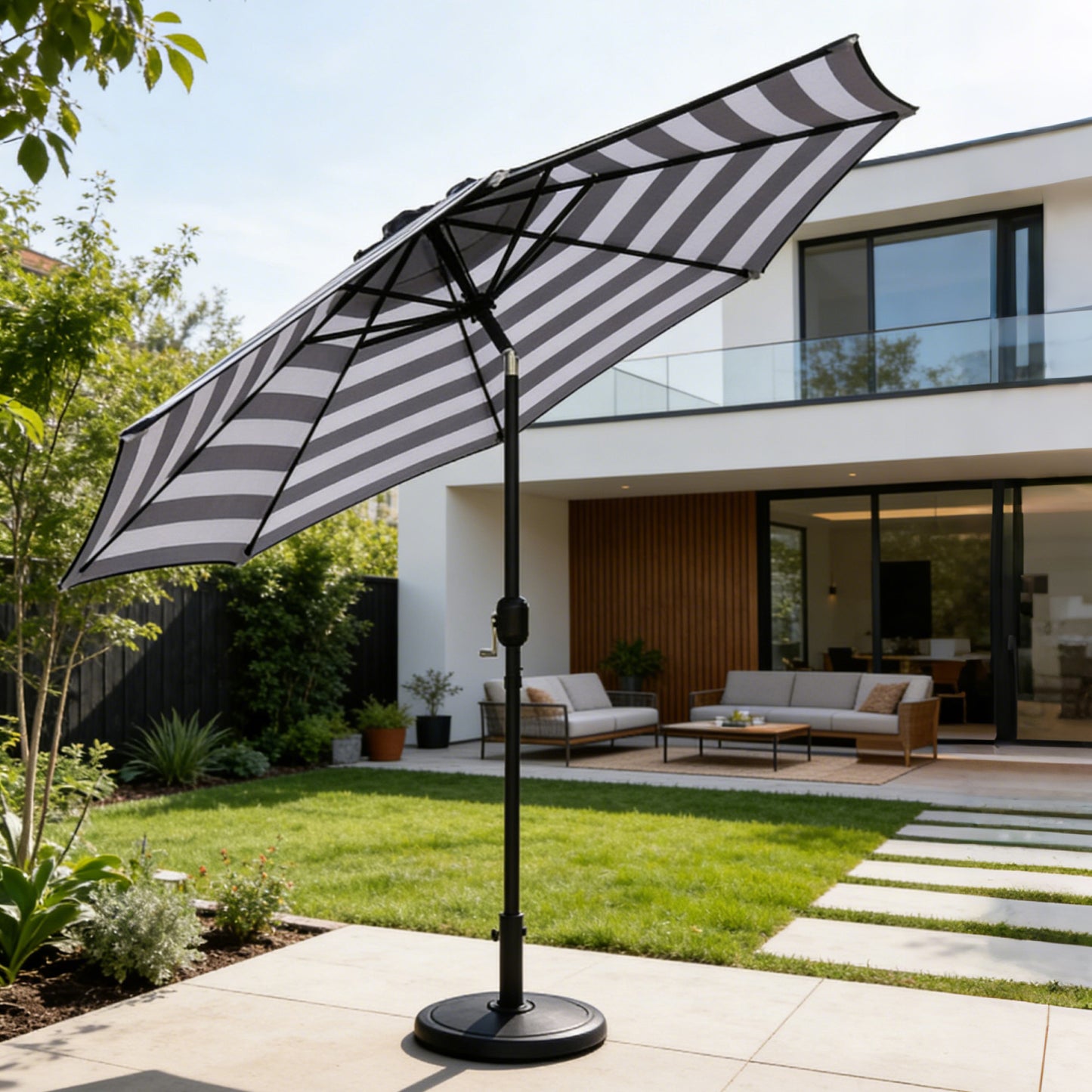 9 Ft Black and White Stripe Patio Umbrella with Crank and Steel Frame