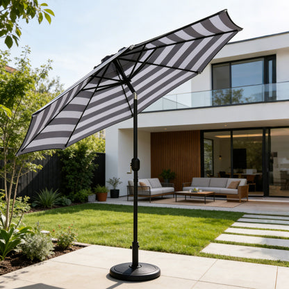 9 Ft Black and White Stripe Patio Umbrella with Crank and Steel Frame