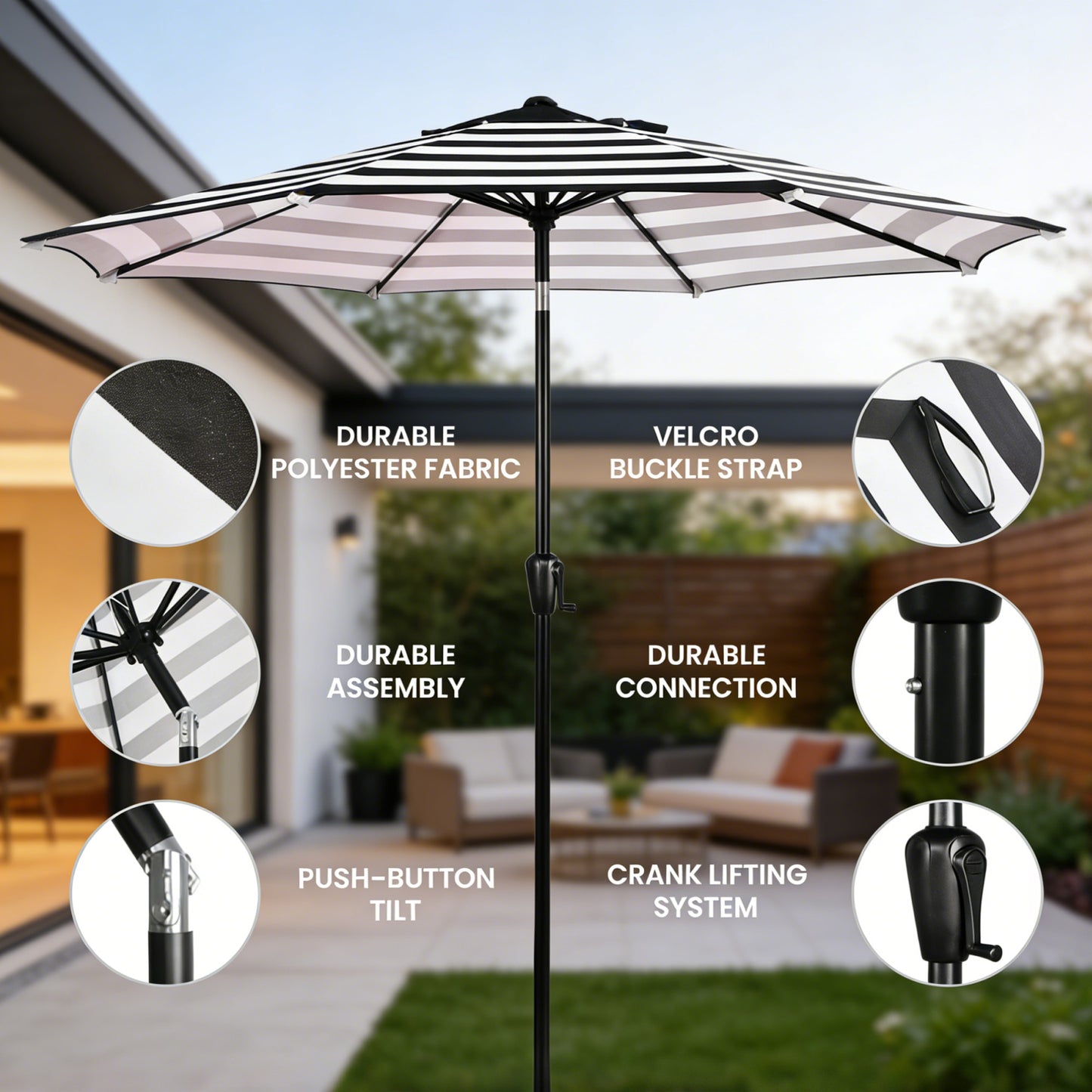 9 Ft Black and White Stripe Patio Umbrella with Crank and Steel Frame