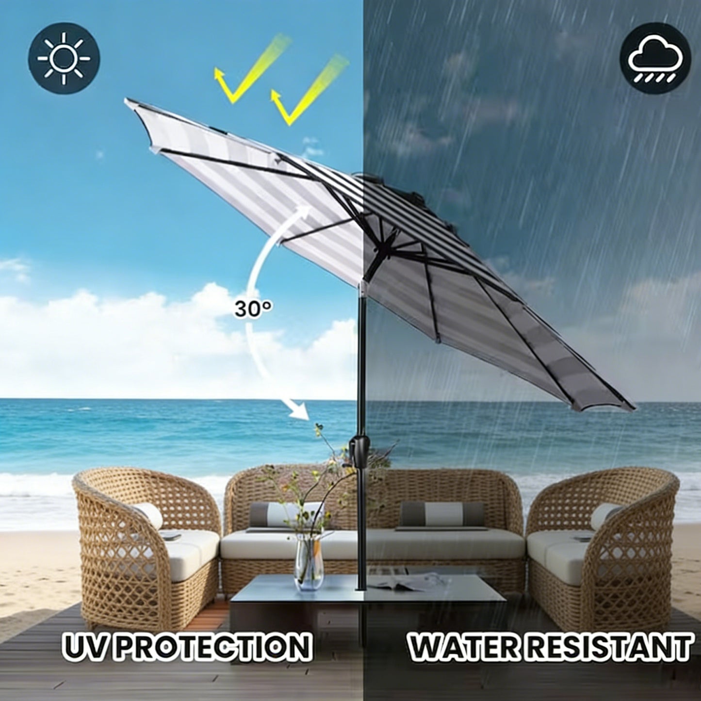 9 Ft Black and White Stripe Patio Umbrella with Crank and Steel Frame