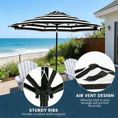 9 Ft Black and White Stripe Patio Umbrella with Crank and Steel Frame