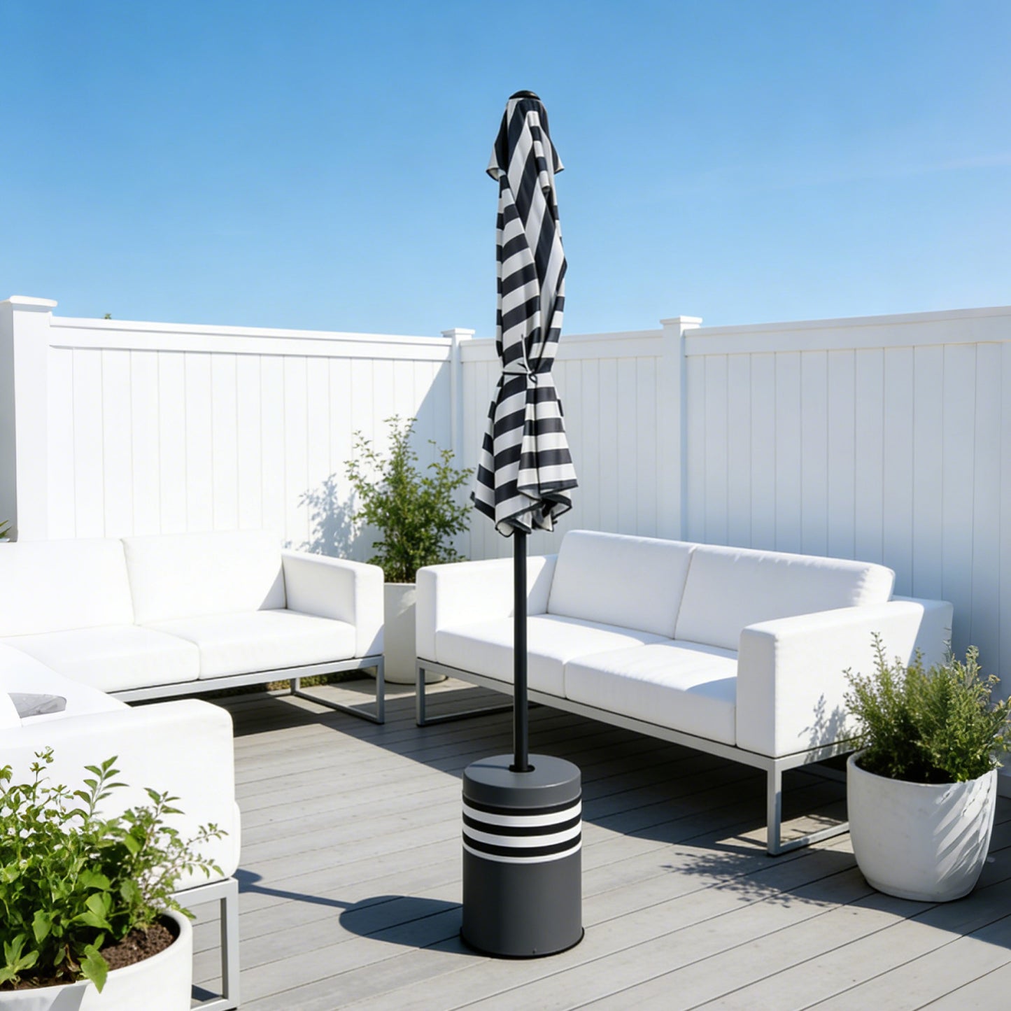9 Ft Black and White Stripe Patio Umbrella with Crank and Steel Frame