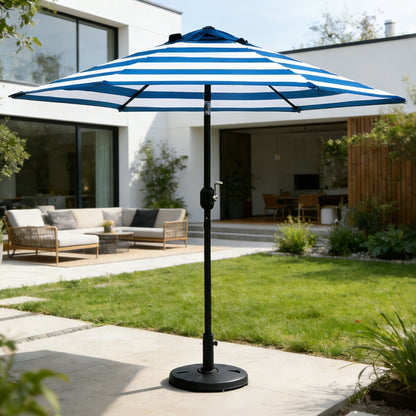 9 Ft Blue and White Stripe Patio Umbrella with Crank and Steel Frame