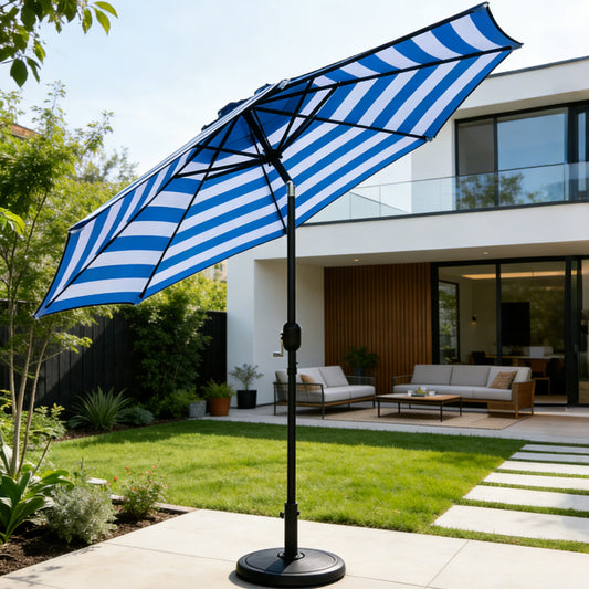 9 Ft Blue and White Stripe Patio Umbrella with Crank and Steel Frame