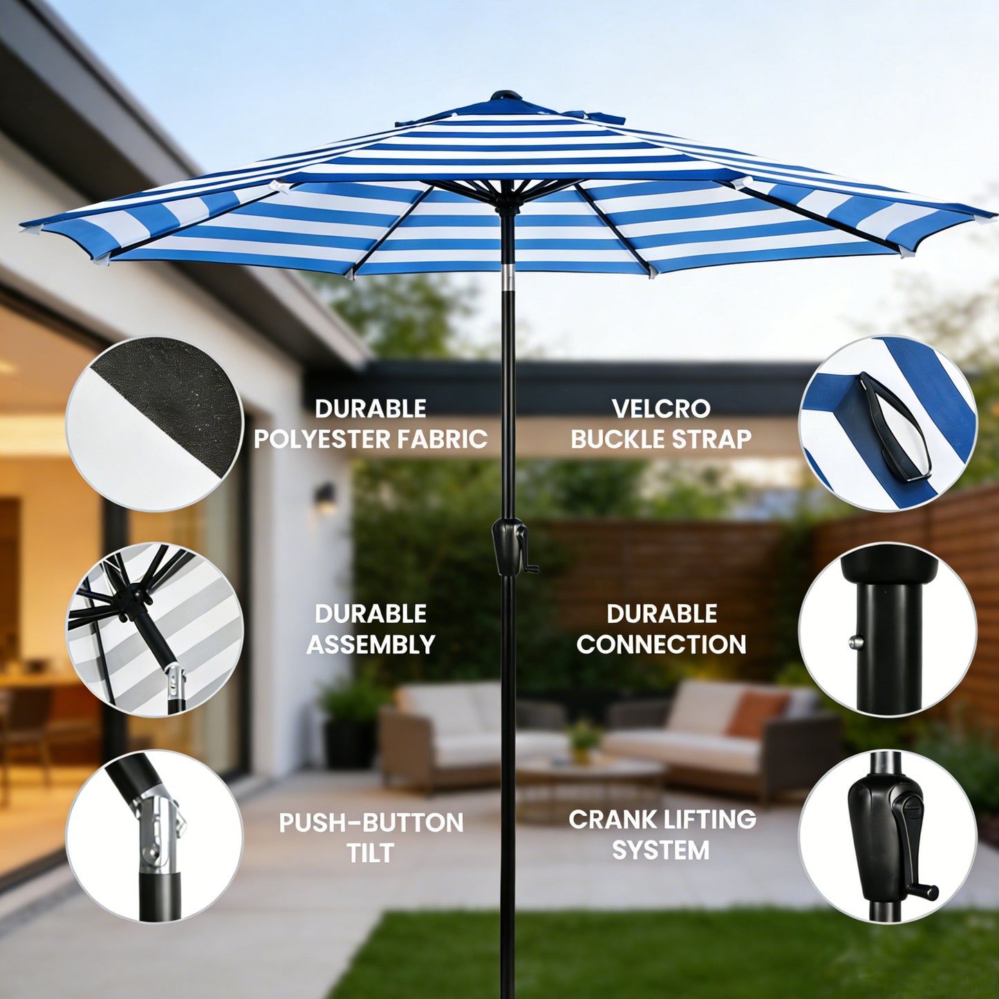 9 Ft Blue and White Stripe Patio Umbrella with Crank and Steel Frame