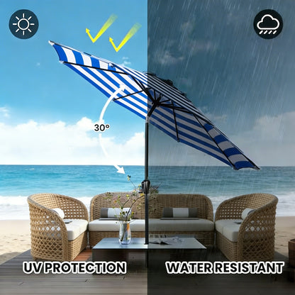 9 Ft Blue and White Stripe Patio Umbrella with Crank and Steel Frame