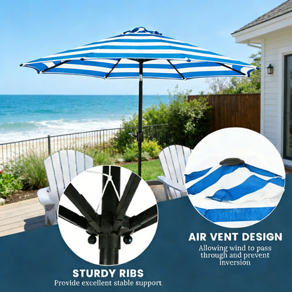 9 Ft Blue and White Stripe Patio Umbrella with Crank and Steel Frame