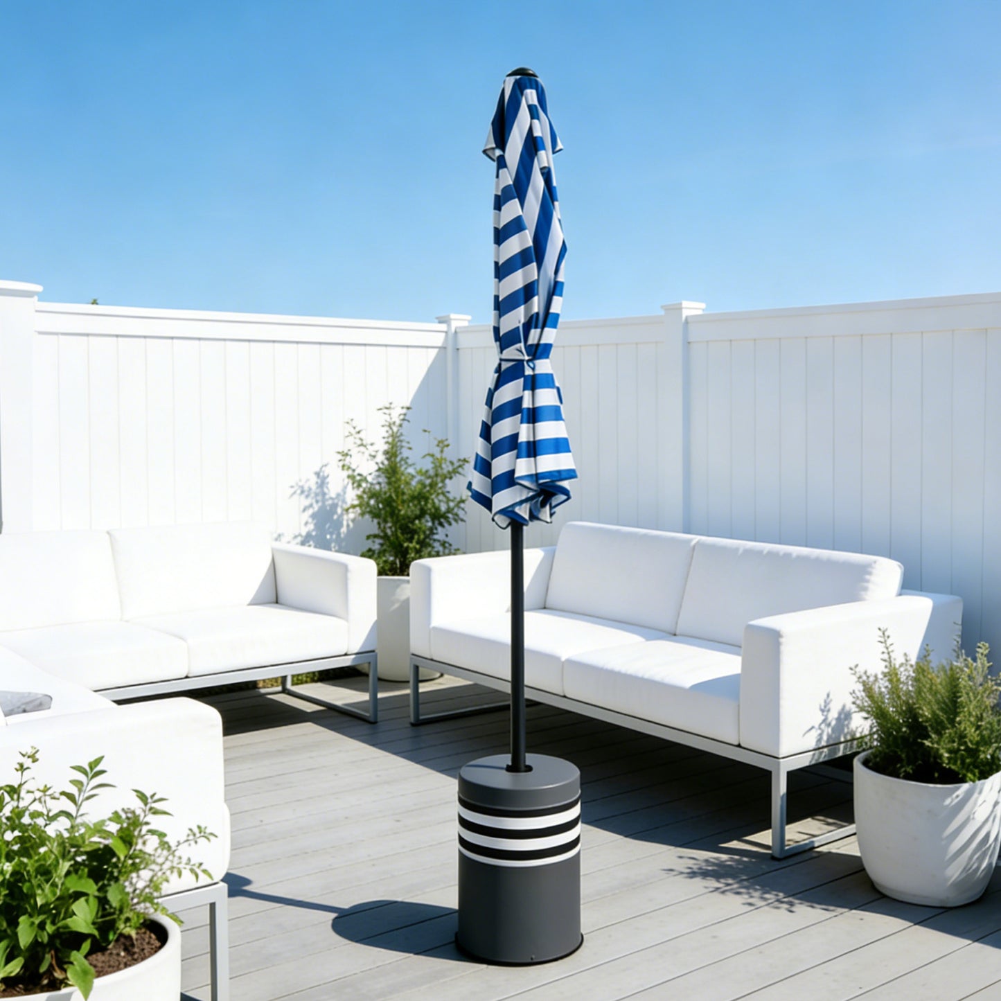 9 Ft Blue and White Stripe Patio Umbrella with Crank and Steel Frame