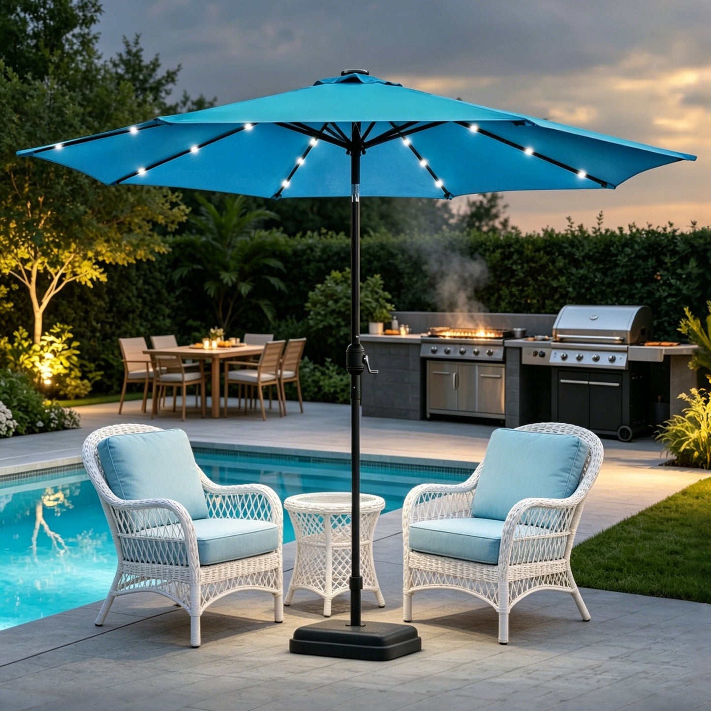 9 Ft Patio Umbrella w Solar Lights