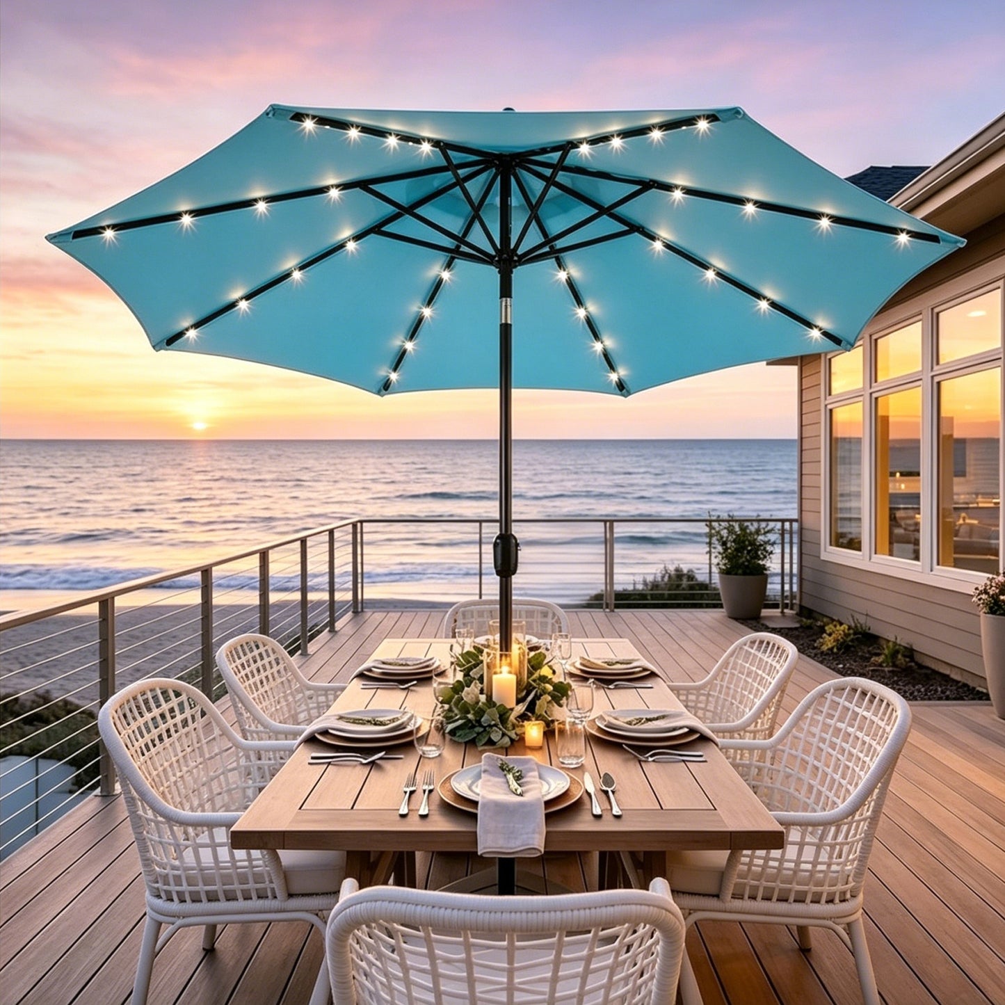 9 Ft Patio Umbrella w Solar Lights