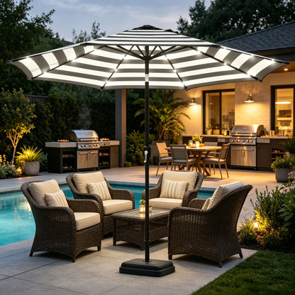 9 Ft Patio Umbrella w Solar Lights