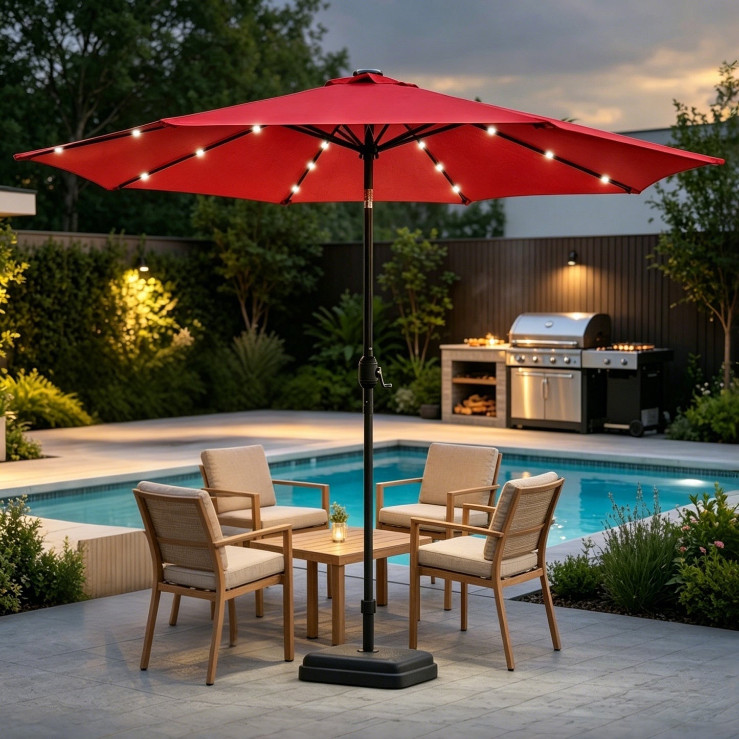 9 Ft Patio Umbrella w Solar Lights