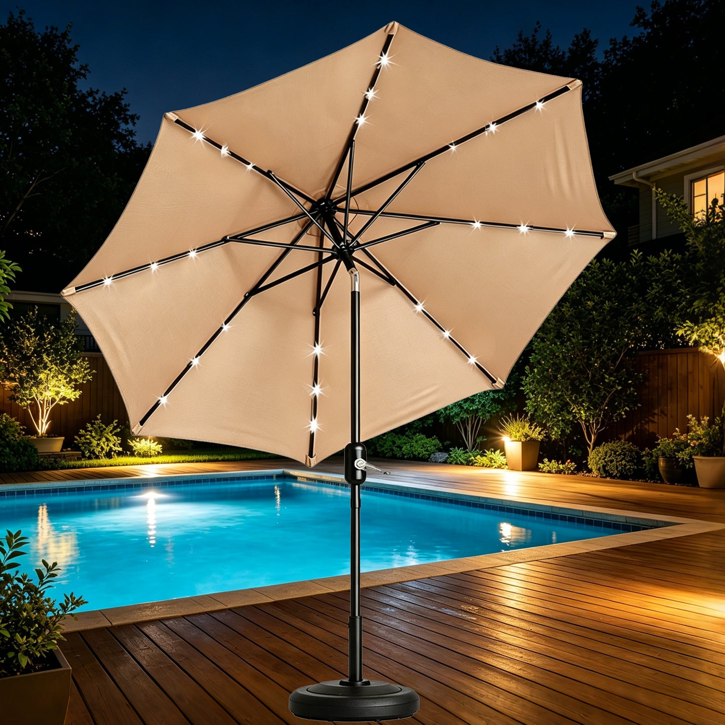 9 Ft Patio Umbrella w Solar Lights