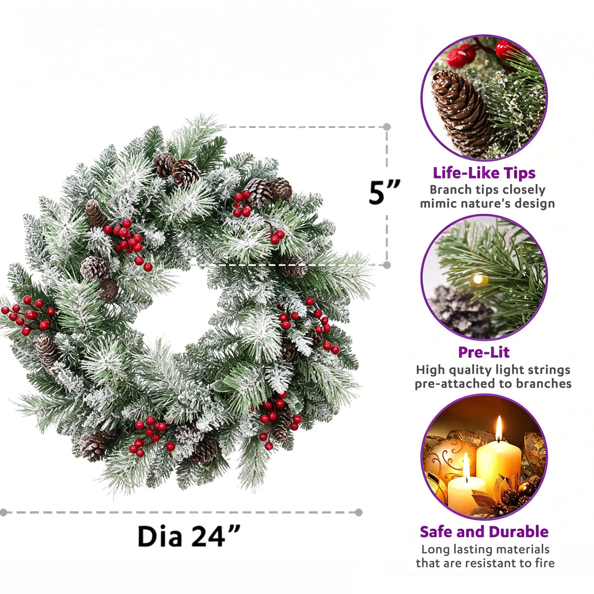 24'' Pre-Lit Flocked Christmas Wreath (Free Shipping)