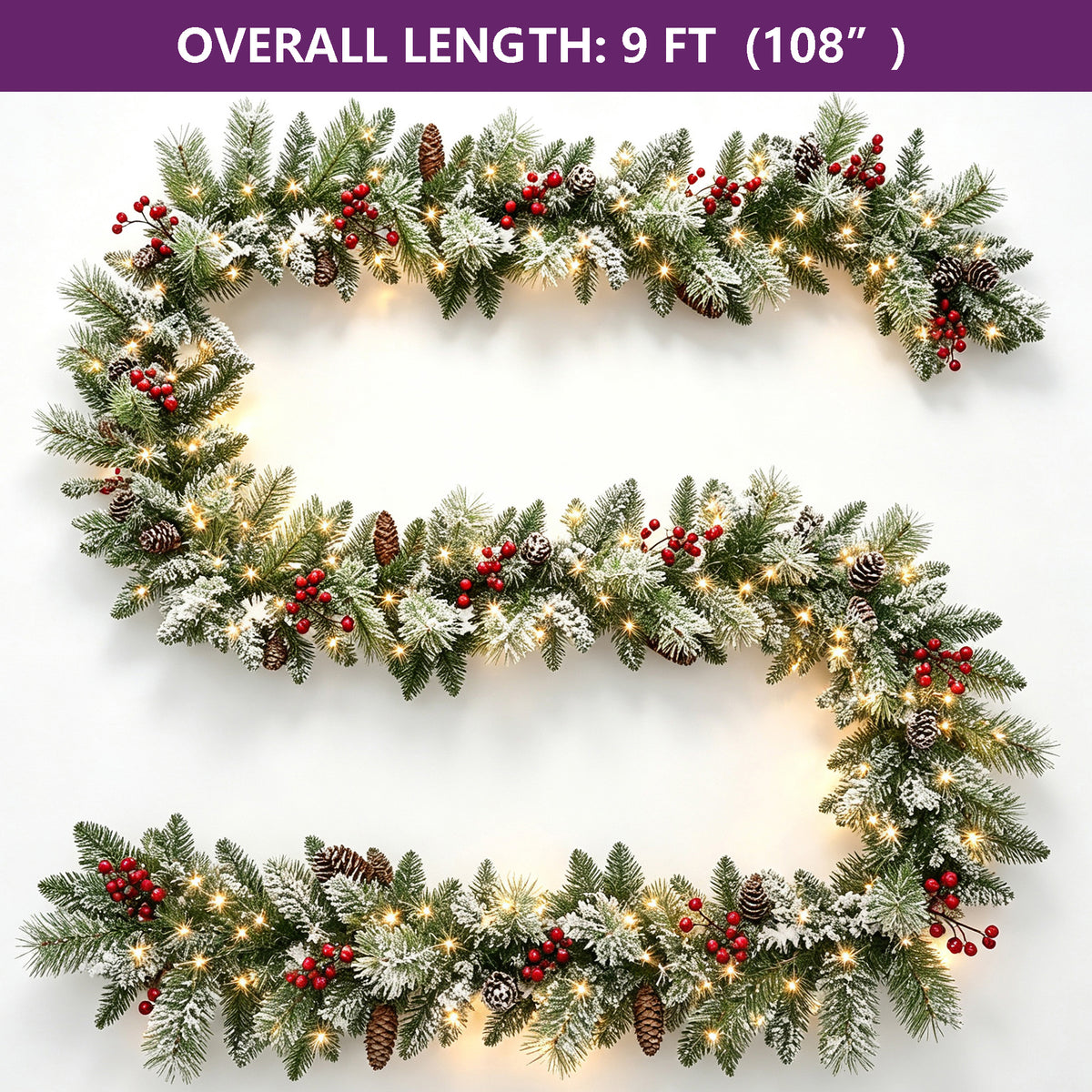 9FT Artificial Christmas Garland with Warm White LED Lights