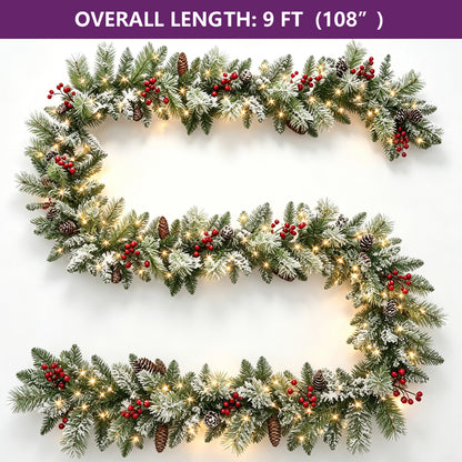 9FT Artificial Christmas Garland with Warm White LED Lights