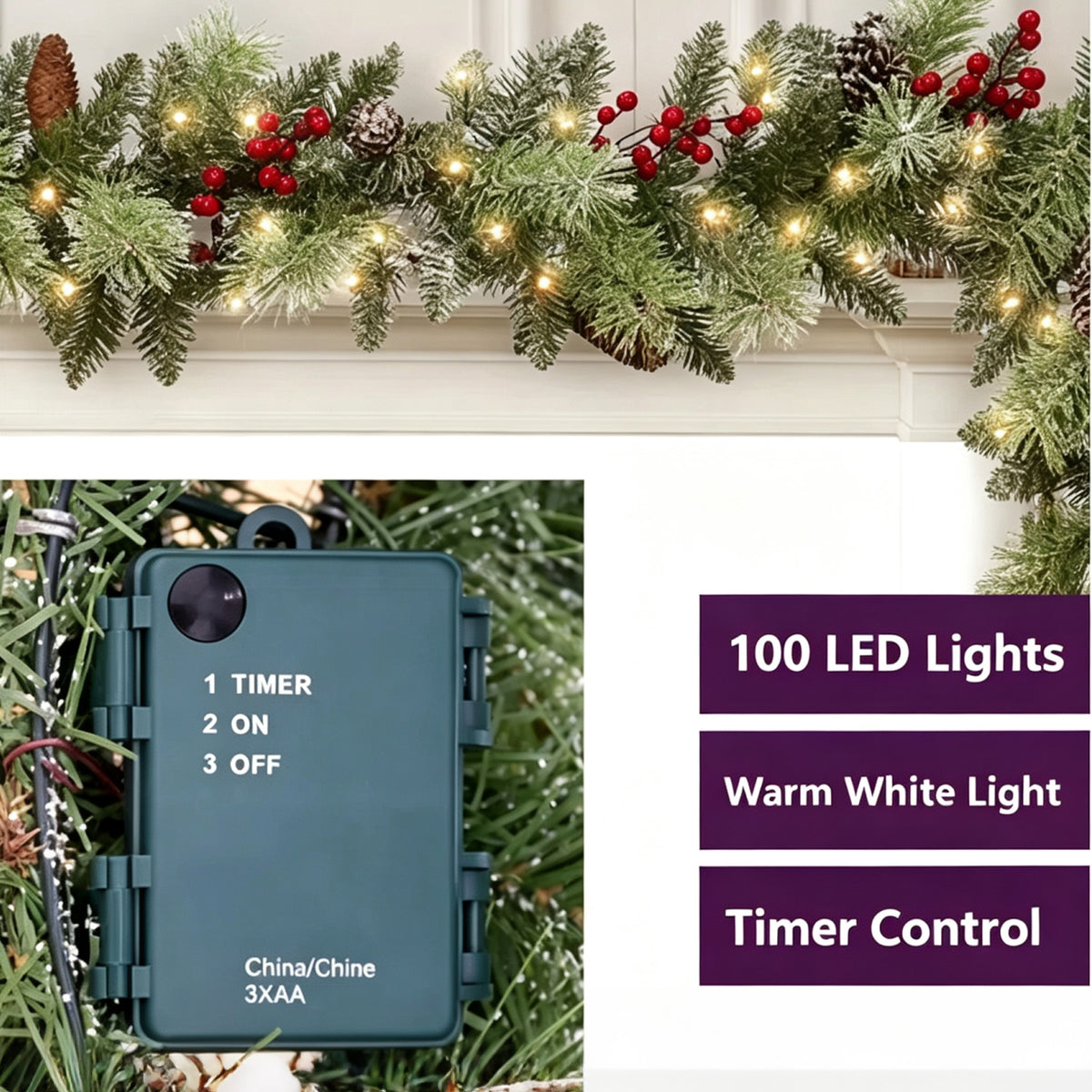 9FT Artificial Christmas Garland with Warm White LED Lights