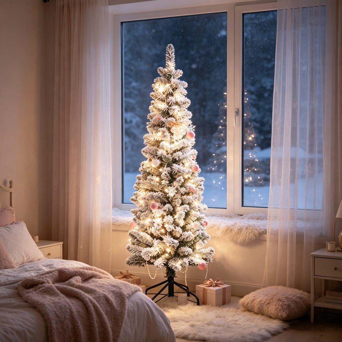 Pre-Lit Slim Flocked Artificial Christmas Tree (Free Shipping)