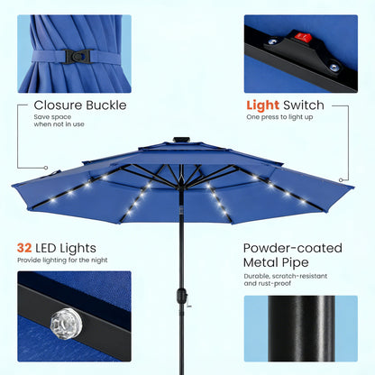 9.5 Ft 3-Tier Patio Umbrella w Solar Lights