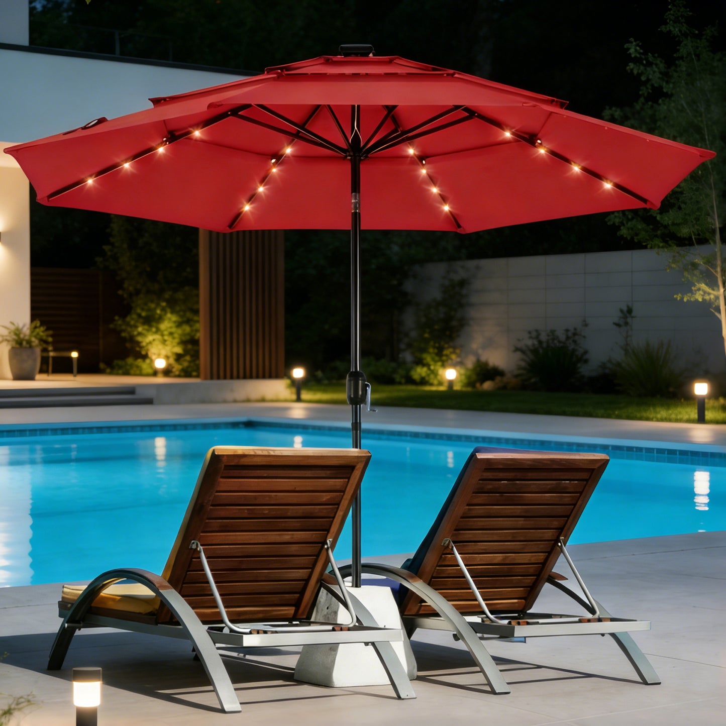 9.5 Ft 3-Tier Patio Umbrella w Solar Lights