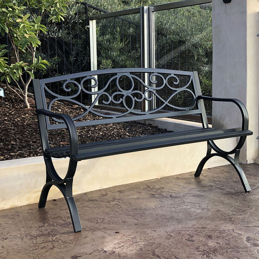 Steel Garden Bench with Graceful Scrollwork Design